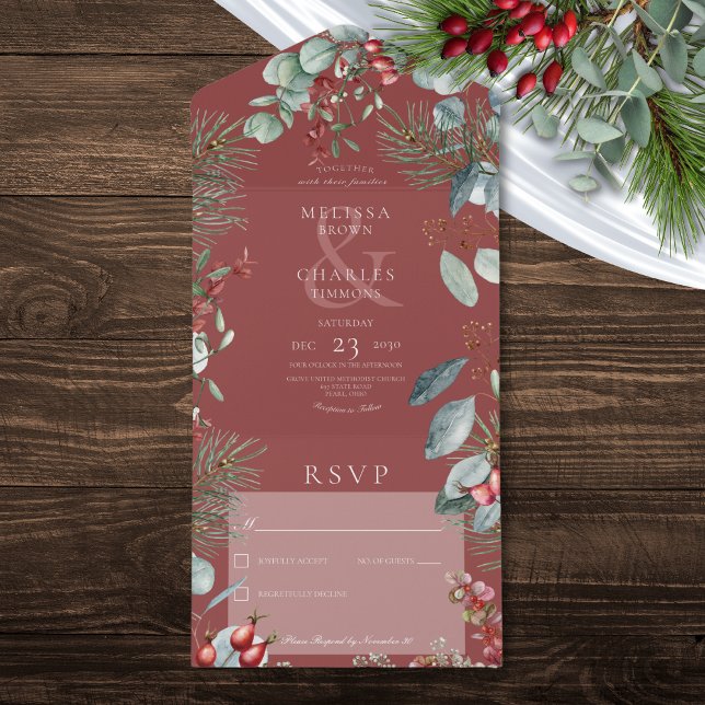 Red Winter Pine Berries Eucalyptus No Janta (Red Winter Pine Berries Eucalyptus No Dinner All In One Invitation)