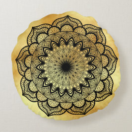 Redonda Almofada com Mandala Preta em Fundo Dourado Suave