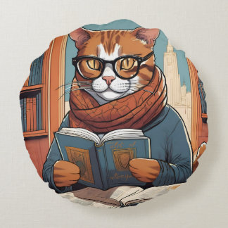 Redonda Almofada de gato. Gato Bonito lendo um livro.