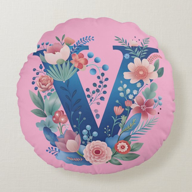 Redonda Almofada de lançamento com monograma da letra V fl (Frente)