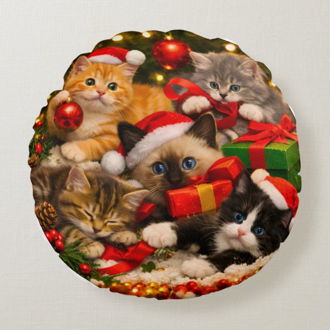 Redonda Almofada de Natal com Gatinho Adorável (Frente)