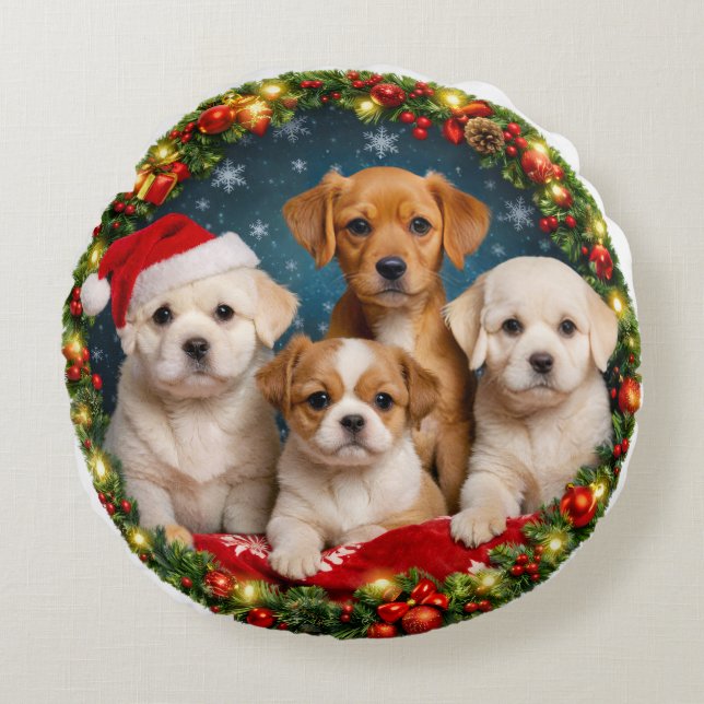 Redonda Almofada de Natal de Cachorrinho Adorável (Frente)