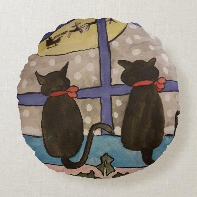 Redonda Almofada de Natal de Gato Negro (Frente)