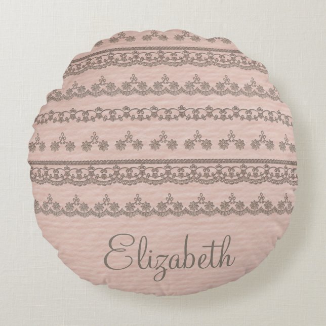 Redonda Almofada de Nome Rose Pó com Renda Chic Vintage (Frente)