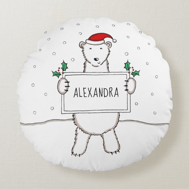 Redonda Almofada de Urso Polar de Natal Personalizada (Frente)