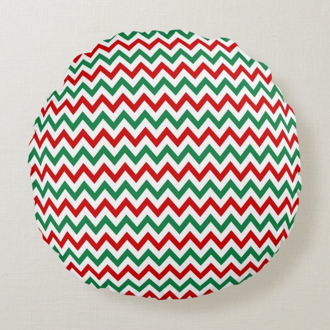 Redonda Almofada Decorativa Vermelha e Verde Chevron (Frente)