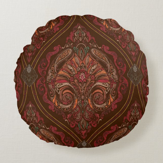 Redonda Almofada Marrom Vintage Paisley Mandala - Boho  (Frente)