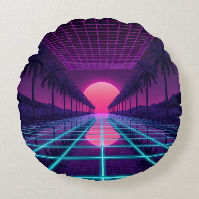Redonda Almofada Retro Neon Synthwave Grid & Palmeiras (Frente)