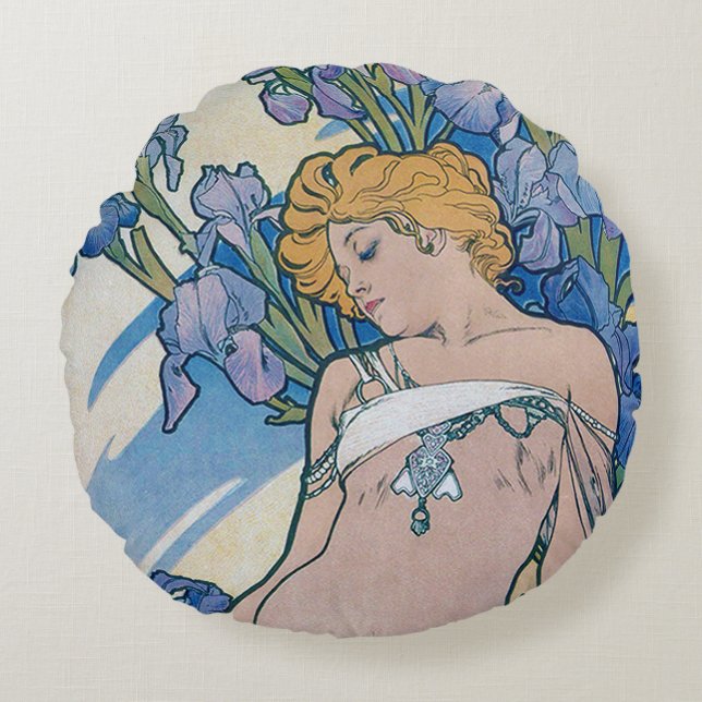 Redonda Íris (Quatro Flores), Alphonse Mucha Almofada Deco (Frente)