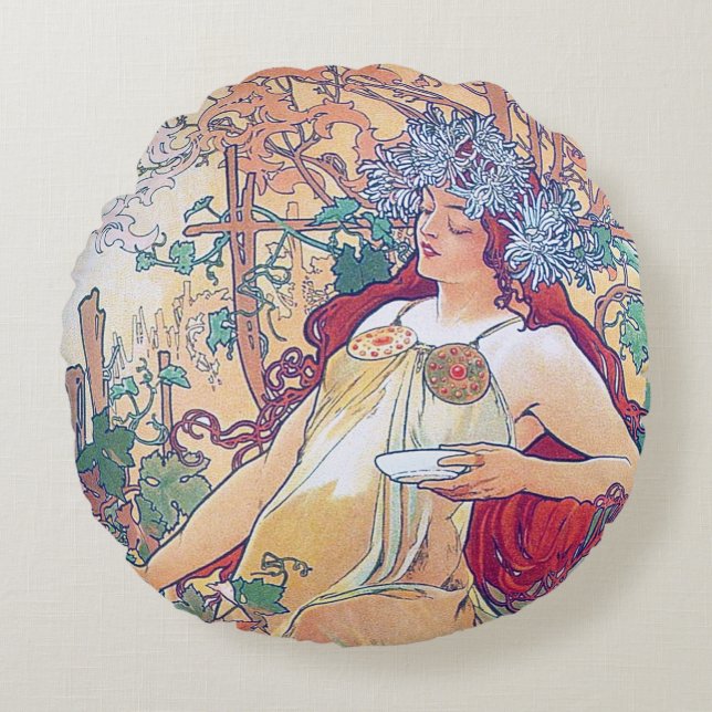 Redonda Outono (Quatro Estações), Alphonse Mucha Almofada  (Frente)