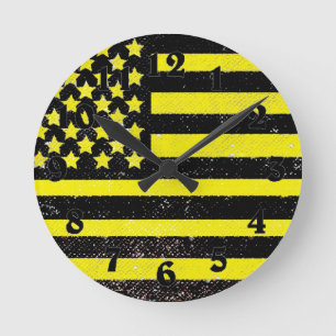 Redondo Almofada negra amarela, relógio de bandeira americ