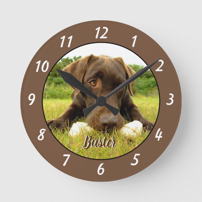 Redondo Chocolate Labrador Personalizado Relógio Grande (Frente)