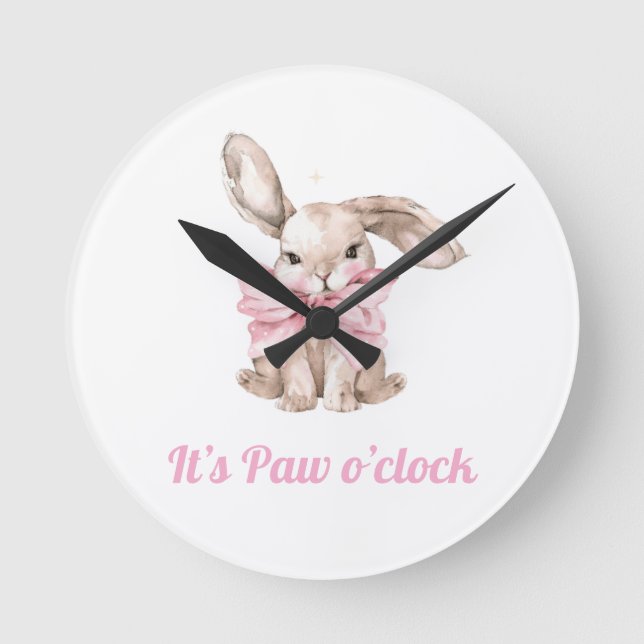 Redondo Cute Bunny "It's Paw O'clock" Relógio (Frente)