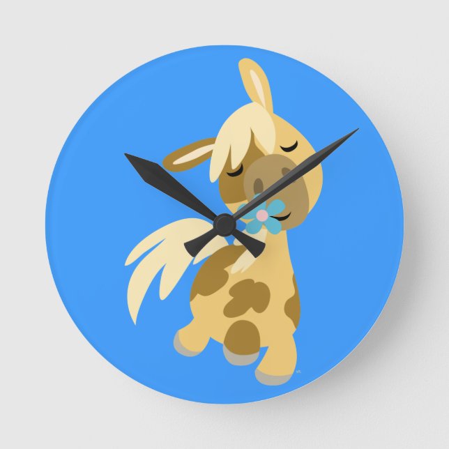 Redondo Flor azul e relógio de Pony Cartoon (Frente)