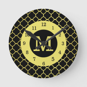 Redondo Ouro Preto Quatrefoil Monograma Com Relógio Redon