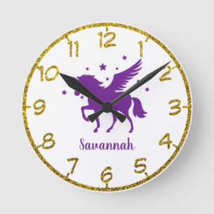 Redondo Personalize Seu Próprio Relógio Roxo Unicorn Round