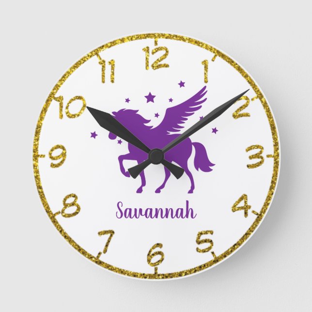 Redondo Personalize Seu Próprio Relógio Roxo Unicorn Round (Frente)