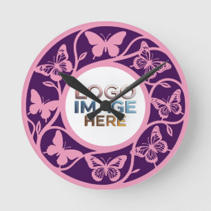 Redondo Relógio Borboleta Rosa e Roxo Personalizado