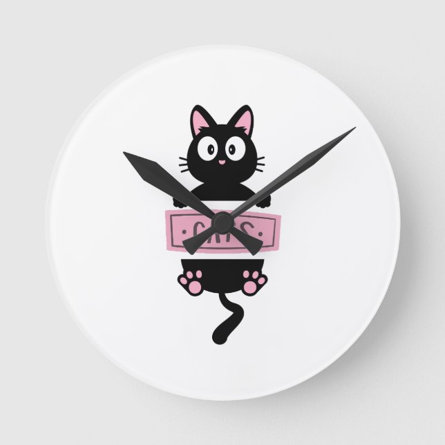 Redondo Relógio com design de gato de desenho animado  (Frente)