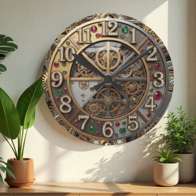 Redondo Relógio com joias, Steampunk, ouro, joias (Industrial Steampunk Mechanical Jeweled Clock)