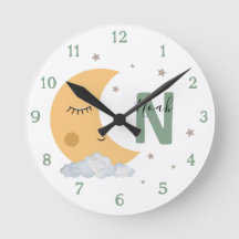 Relógio de Berçário Personalizado Verde Sage Lua C