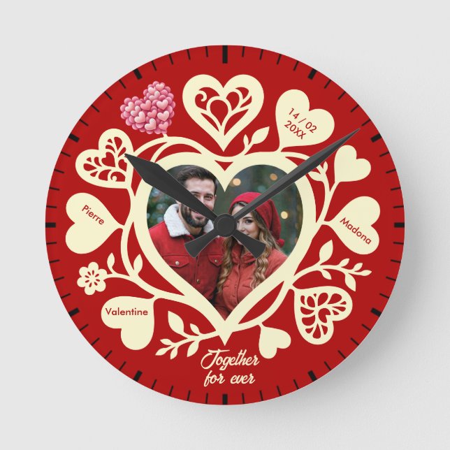 Redondo Relógio de Coração de Creme Vermelho Personalizado (Frente)
