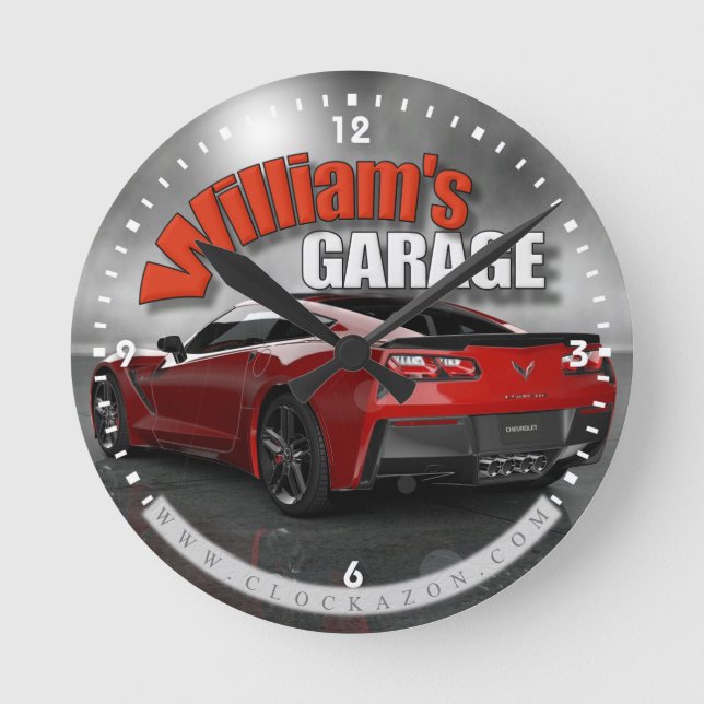 Redondo Relógio de Garagem Corvette de Nome Personalizado (Frente)