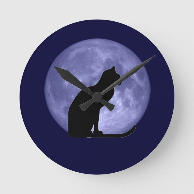 Redondo Relógio de Lua Azul de Gato Preto (Frente)