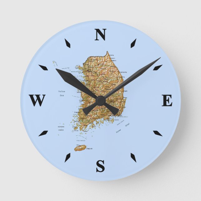 Redondo Relógio de Mapa da Coreia do Sul (Frente)