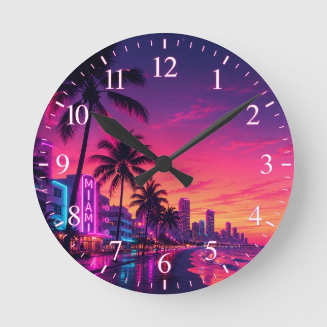 Redondo Relógio de Miami Neon Sunset (Frente)