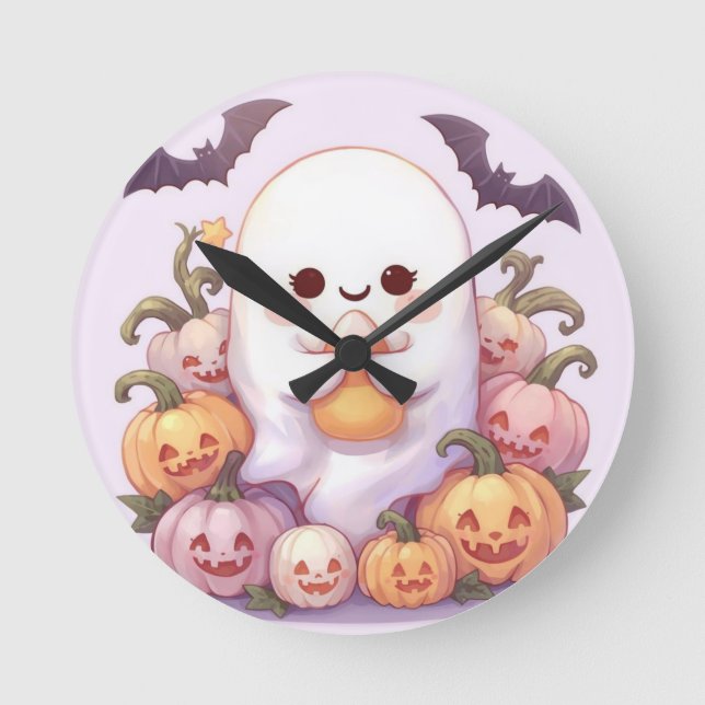 Redondo Relógio de Muro Ghost Galloween Bonito - Decoração (Frente)