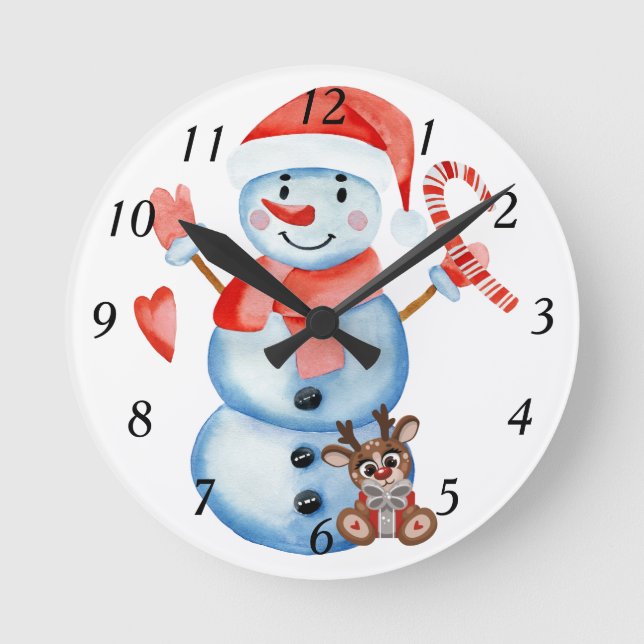 Redondo Relógio de Natal de boneco de neve (Frente)