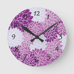 Redondo Relógio de Padrão Floral Roxo com Números