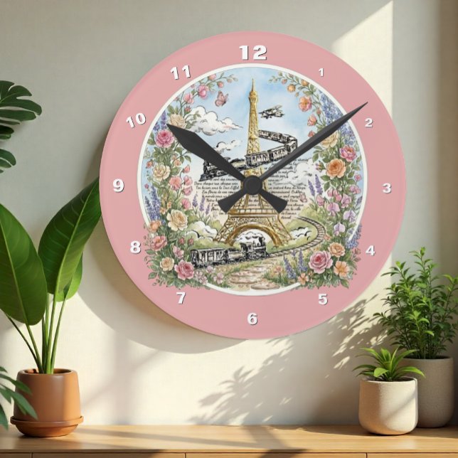 Redondo Relógio de Paris, Torre Eiffel, Rosa, Arte Frances (Romantic Holiday in Paris Wall Clock, Eiffel Tower / French Art)