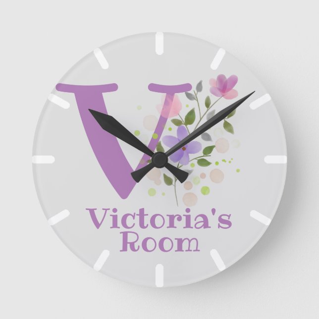Redondo Relógio de quarto de criança com nome e inicial (Frente)