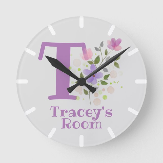 Redondo Relógio de quarto de criança com nome e inicial (Frente)