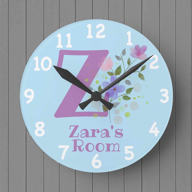 Redondo Relógio de Quarto Infantil com Nome Zara & Inicial (Criador carregado)