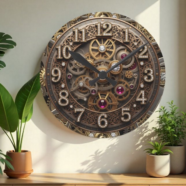 Redondo Relógio de Steampunk, Industrial, engrenagens, gem (Steampunk Clock, Metallic gears, wheels, gems)