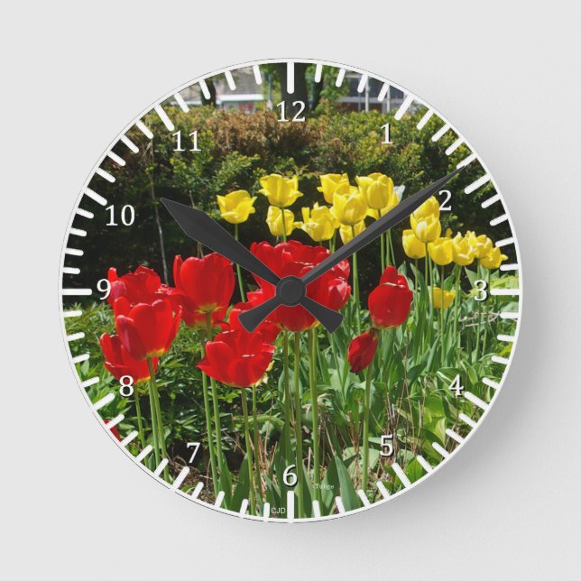 Redondo Relógio de Tulipas Vermelhas e Amarelas (Frente)