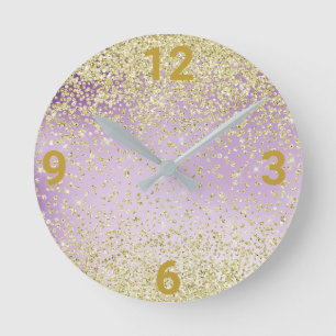 Redondo Relógio Dourado de Muro Roxo Lilac