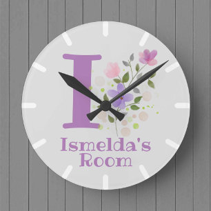 Redondo Relógio em um Design Floral com Nome e Inicial