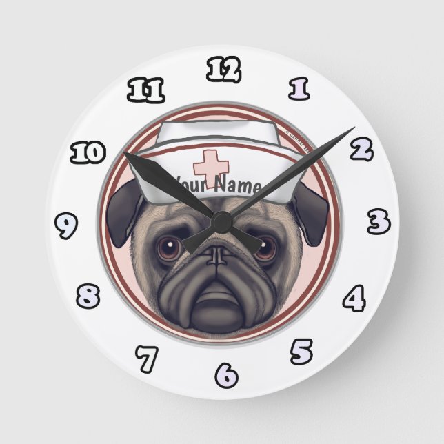 Redondo Relógio Enfermeira Pug (Frente)