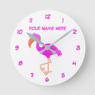 Redondo Relógio Flamingo Rosa Texto Nome Personalizado