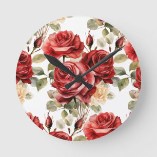 Redondo Relógio Floral de Rosas Vermelhas Chic