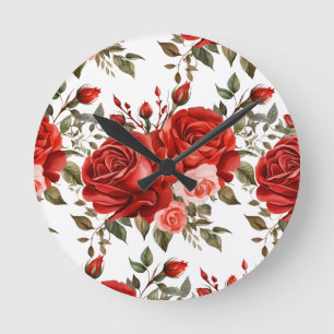 Redondo Relógio Floral de Rosas Vermelhas Chic