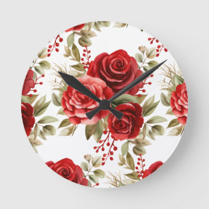 Redondo Relógio Floral de Rosas Vermelhas Chic