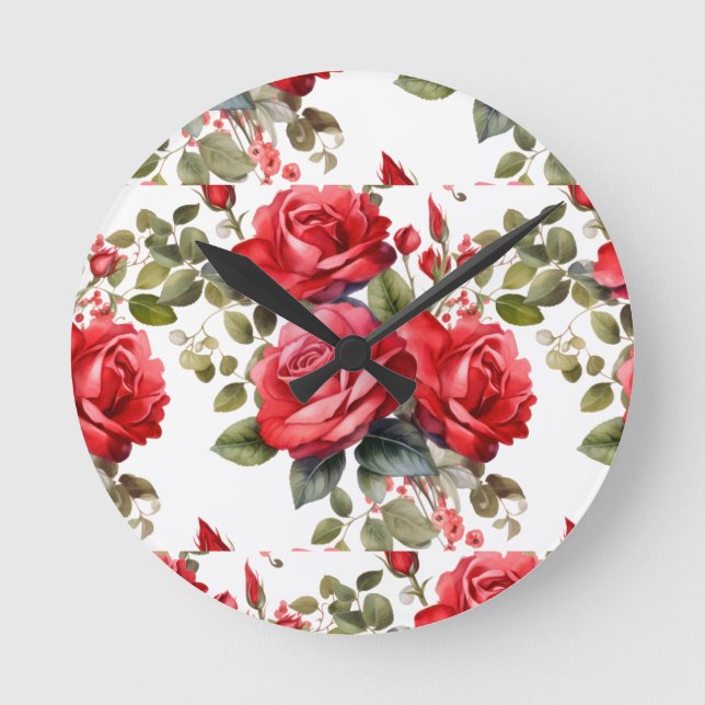 Redondo Relógio Floral de Rosas Vermelhas Chic (Frente)