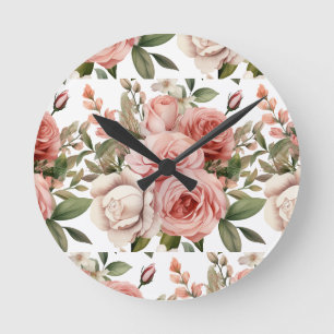 Redondo Relógio Floral Rosas Rosa Chic