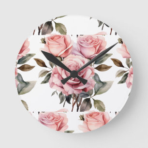 Redondo Relógio Floral Rosas Rosa Chic