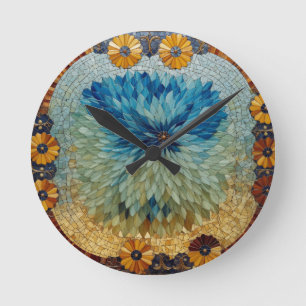 Redondo Relógio Floral Verde Azul Mosaico